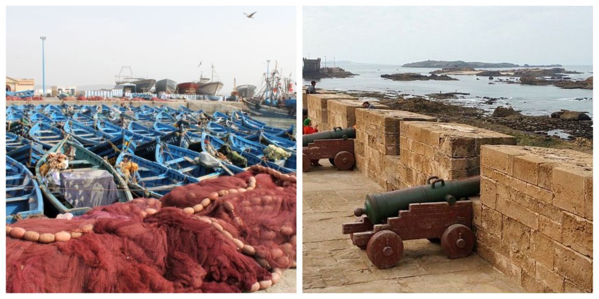 twee sfeerbeelden van de haven met blauwe vissersbootjes en de skala van Essaouira