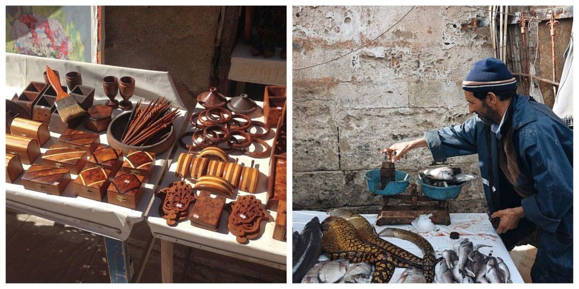 Essaouira excursie sfeerbeelden van ebbenhouten handwerk en een visverkoper